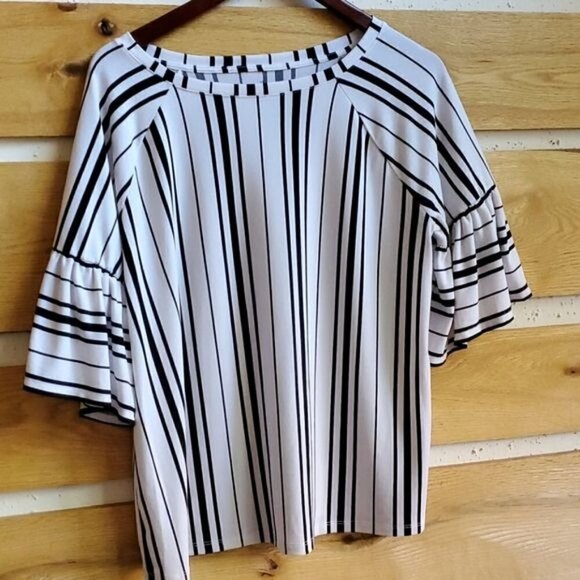 LAST CHANCE Worthington White Black Striped Sz PL Blouse Tunic w Flared 3/4 Slv - Picture 2 of 9